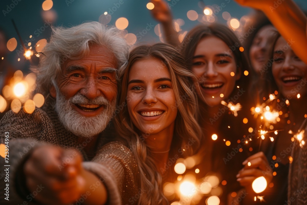 A group of people gathered outside, their faces lit up with smiles and excitement as they point at a glowing candle, their clothing and expressions reflecting the warmth and happiness of the moment A group of people gathered outside, their faces lit up with smiles and excitement as they point at a glowing candle, their clothing and expressions reflecting the warmth and happiness of the moment