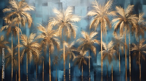 Golden and dark blue and teal palm trees painting . Great for wall art and home decor. © Ziyan