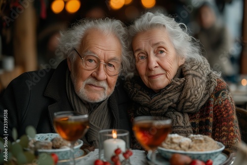 An elderly couple shares a warm smile over a delicious meal, surrounded by elegant stemware and tableware at an indoor dinner setting