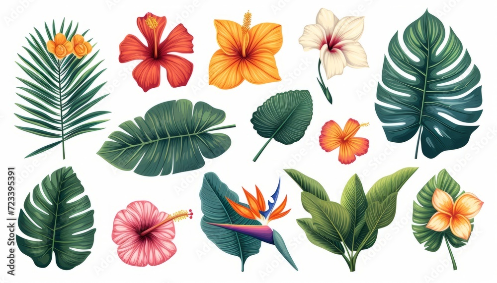 Fototapeta premium Tropical flowers, palm leaves, jungle leaf, bird of paradise flower, isolated on white background