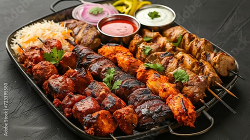 Assorted mix grills with tikka boti seekh kabab of chicken, beef, lamb, mutton bbq platter served in dish isolated on table top view of arabian food photo