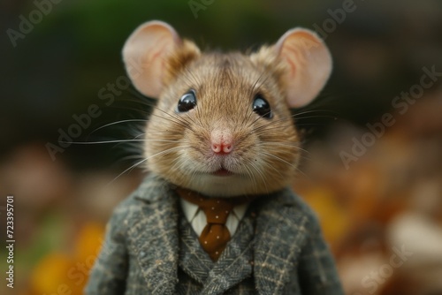 A sophisticated rodent donning a dapper suit, blending in with its packrat and dormouse brethren as it scurries through the outdoor grasslands, embodying both wild and civilized aspects of mammalian 