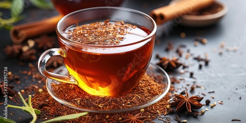 Natural herbal tea in a transparent cup, spices, cinnamon, traditional, background.