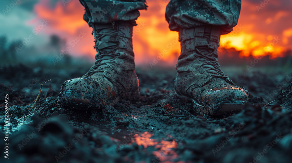 Military boots on soldier's feet, close-up picture Military boots on soldier's feet, close-up picture