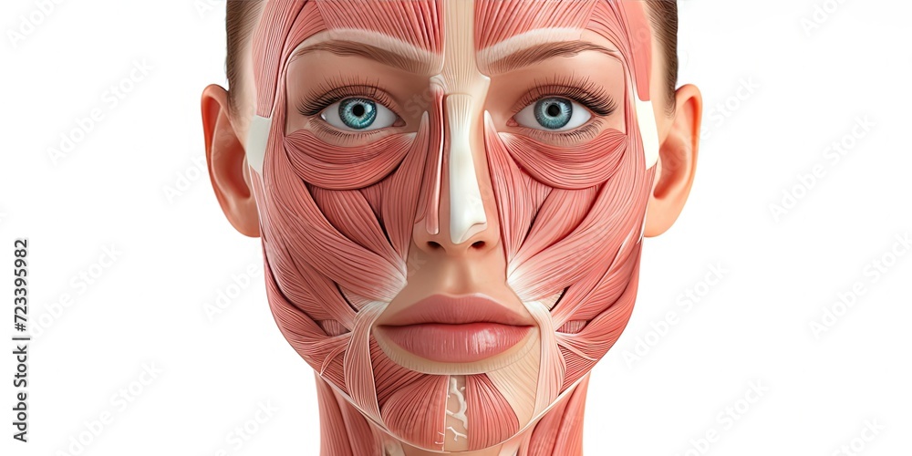 Muscles of the face and neck, woman, anatomy, background. - obrazy, fototapety, plakaty 
