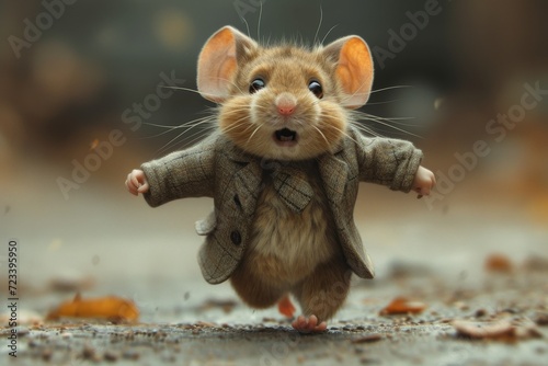 Amidst the urban chaos, a dapper mouse scurries across the pavement, embodying resilience and adaptability in the face of human dominance photo