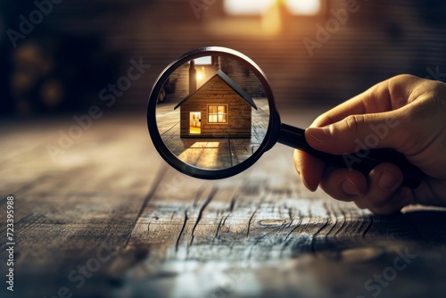 Generative AI image of A person holding a magnifying glass with a house inside, symbolizing the search for the perfect real estate photo