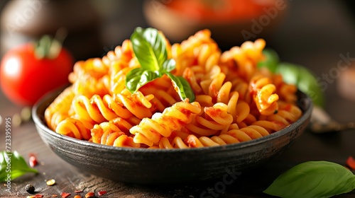 Italian-style cuisine featuring spiral-shaped fusilli pasta served with tomato sauce
