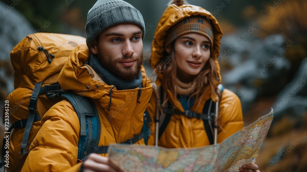 A young couple bearded international travel in Fuji japan landmark is navigating map,generative ai