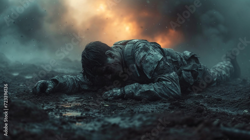 A mortally wounded soldier lying on the ground during the war