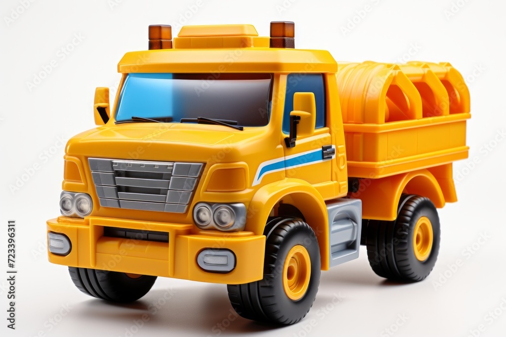 Yellow plastic toy truck isolated on a white background. Side view. Fantastic childrens car. Concept of kids toys, playful designs, transport-themed playthings, and bright colors.