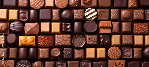 Assortment of luxury chocolates in various shapes and flavors. Top view. Delicious background. Banner. Concept of confectionery, gourmet sweets, chocolate variety, luxury treats, assorted candies photo