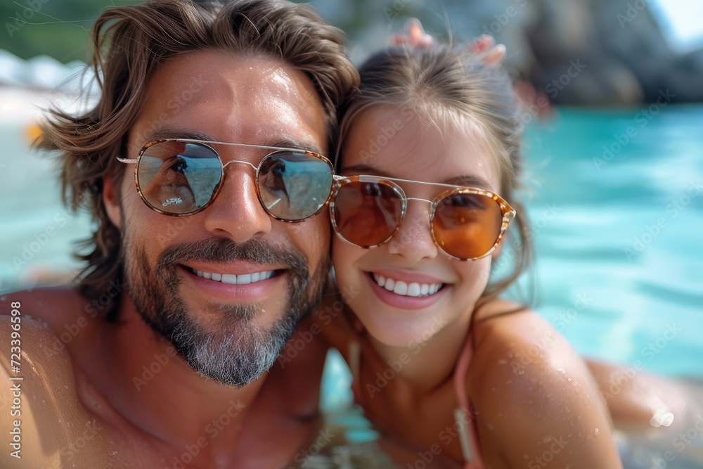 A man and a young girl smile in the sun as they play with goggles in a pool, enjoying their fun-filled summer vacation at the beach A man and a young girl smile in the sun as they play with goggles in a pool, enjoying their fun-filled summer vacation at the beach