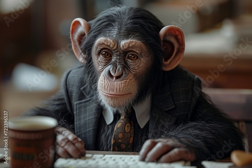 A sophisticated primate enjoys a cup of coffee while hard at work on the keyboard, proving that intelligence knows no bounds in the animal kingdom © Larisa AI