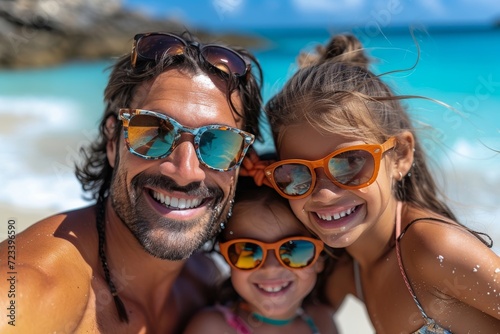 A trio of summertime adventurers capture their joyous beach vacation with a playful outdoor selfie, sporting stylish eyewear and infectious smiles