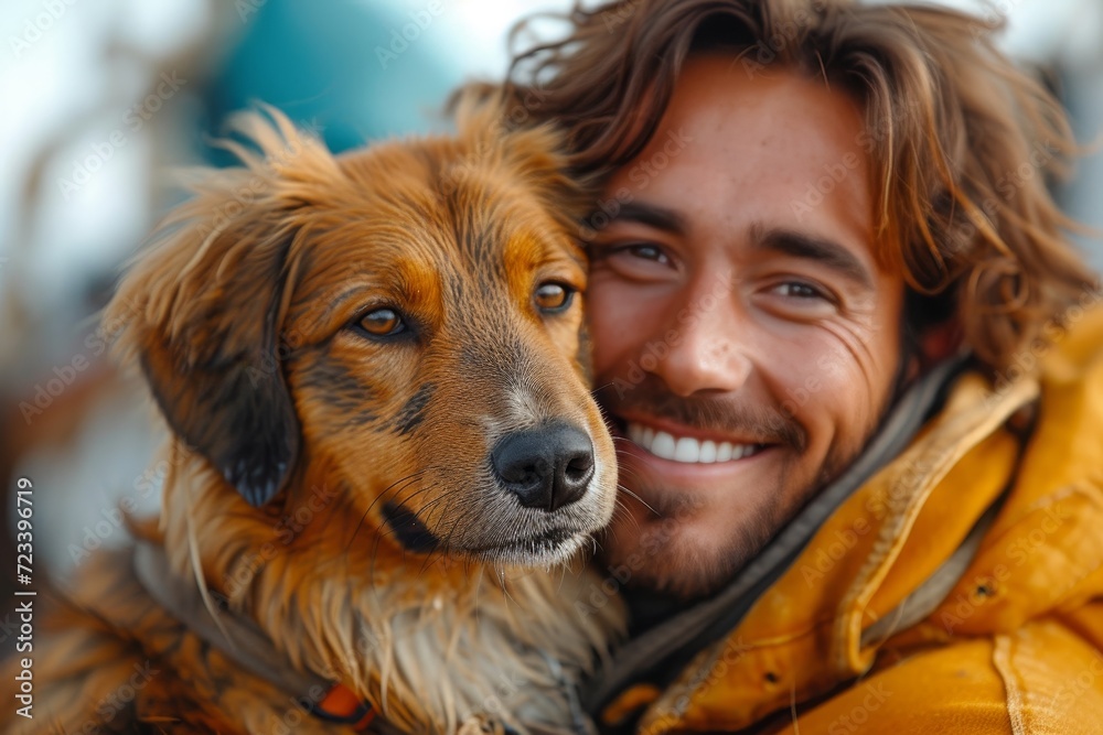 A joyful man embraces his loyal companion, a friendly brown dog, as they bask in the warmth of the sun and share a heartwarming smile
