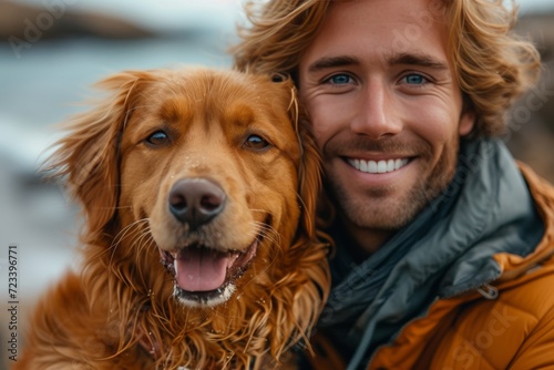 A joyful bond between a man and his loyal brown dog breed, captured in an outdoor moment filled with smiles and pure human-canine connection © Larisa AI
