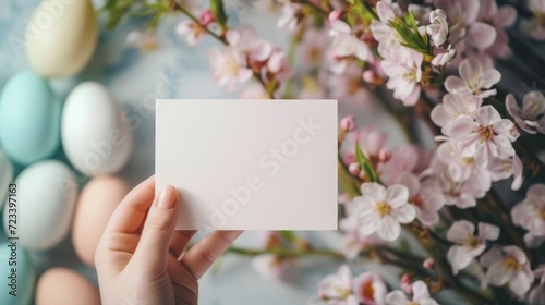 A person's hand delicately holds a white card, showcasing a beautiful flower blossom in an indoor setting