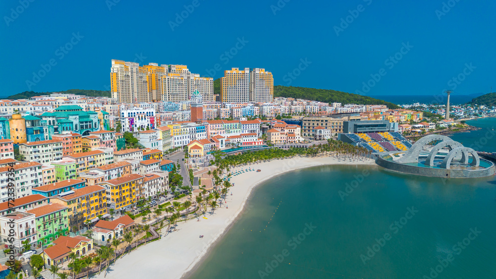 Aerial view of Sunset ghost town in Phu Quoc island, Vietnam. Fast being developed European city copy. Amazing future resort, Kien Giang province