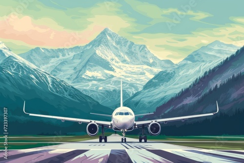 An awe-inspiring airliner takes flight amidst the majestic mountains, its powerful jet engines roaring as it glides down the runway towards a world of adventure and possibility