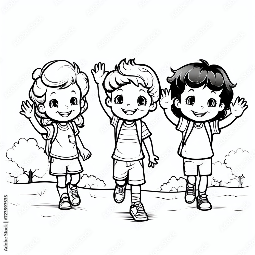 Cute children waving hand black and white outline vector cartoon illustration for a coloring book Cute children waving hand black and white outline vector cartoon illustration for a coloring book