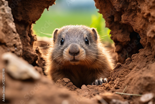 A marmot crawls out of the ground after hibernation. Generated by artificial intelligence © Vovmar