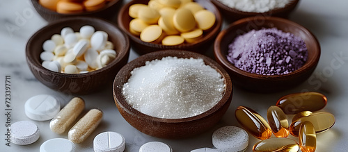 Various dietary supplements for health and beauty, like collagen, vitamins, biotin, and protein, in pill and powder forms. 