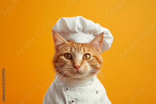 Happy cat in a chef's hat on an pink background, Close-up portrait photography of a happy cat wearing a chef hat . Cute cat as a chef
