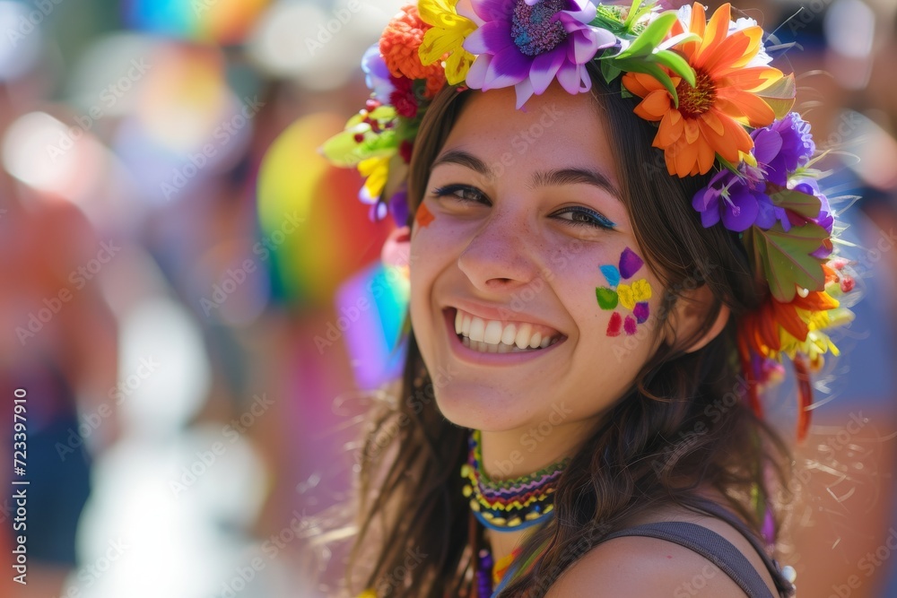 The photograph features a portrait of an individual at a gay pride parade. The person is captured in a celebratory and vibrant atmosphere, surrounded by symbols of LGBTQ+ pride. In the background The photograph features a portrait of an individual at a gay pride parade. The person is captured in a celebratory and vibrant atmosphere, surrounded by symbols of LGBTQ+ pride. In the background