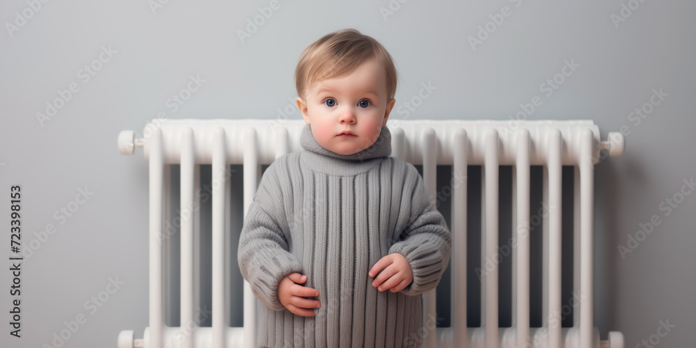 Little baby in warm clothes standing near a radiator. Concept of house heating. Little baby in warm clothes standing near a radiator. Concept of house heating.