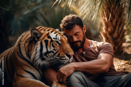 man sleeping with a tiger in the jungle