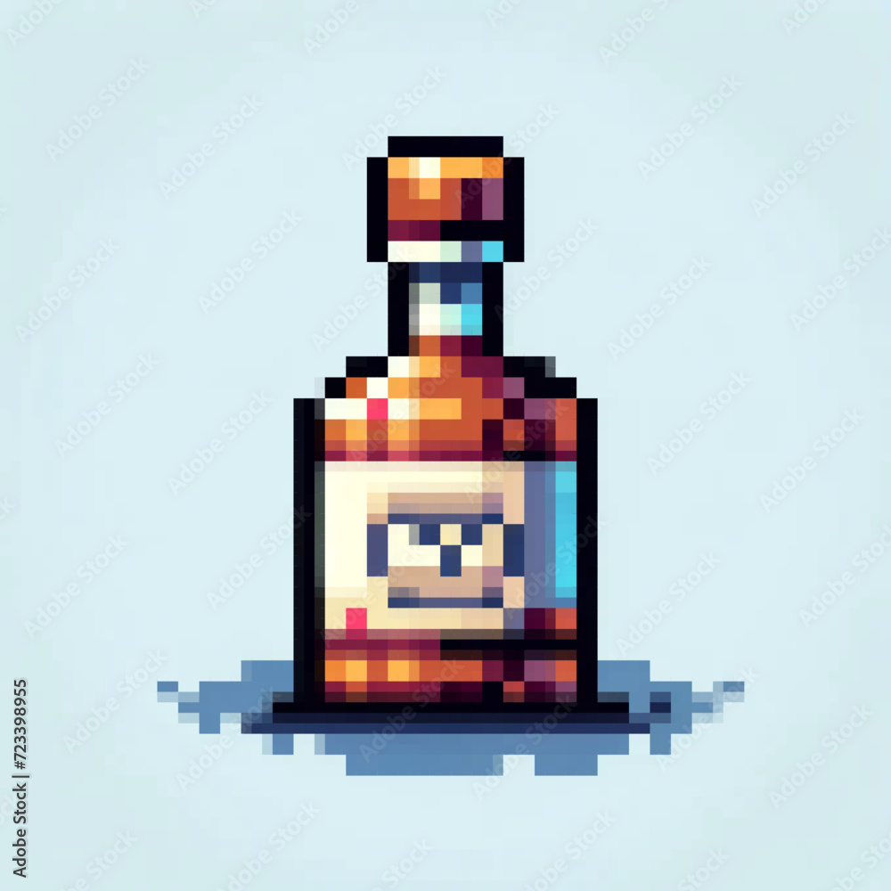 Pixel Rium Pixel art illustration of a medieval rum bottle, vector design on light ...
