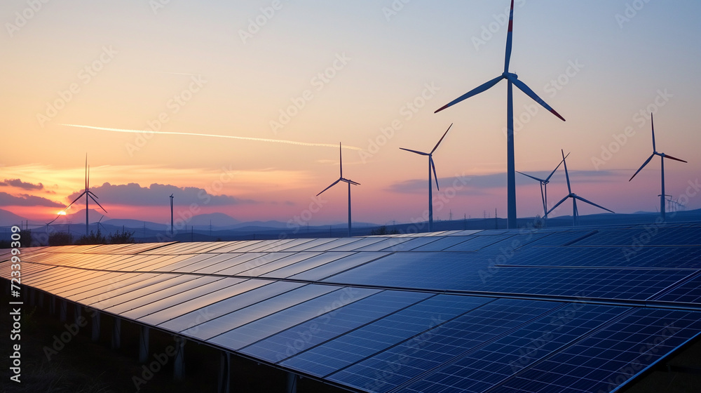 Renewable Energy Revolution - Solar Panels and Wind Turbines Against Sunset Sky in Sustainable Power Concept