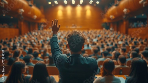Rear view of Audience in raise hand up response for answer the question in the meeting room or conference hall over asian speaker on the stage,seminar business and education concept, generative ai
