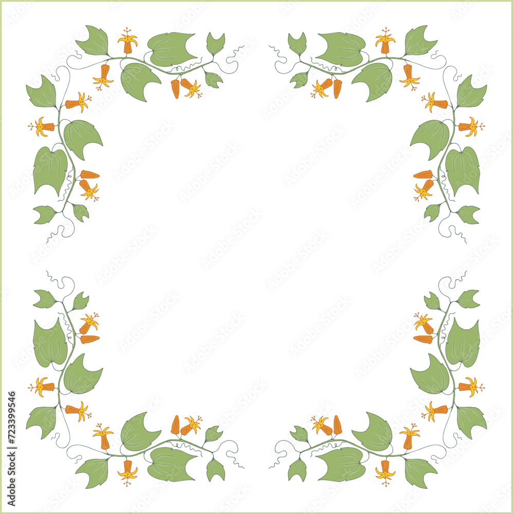 Green vegetal ornamental frame with leaves and orange flowers, decorative border, corners for greeting cards, banners, business cards, invitations, menus. Isolated vector illustration. Green vegetal ornamental frame with leaves and orange flowers, decorative border, corners for greeting cards, banners, business cards, invitations, menus. Isolated vector illustration.