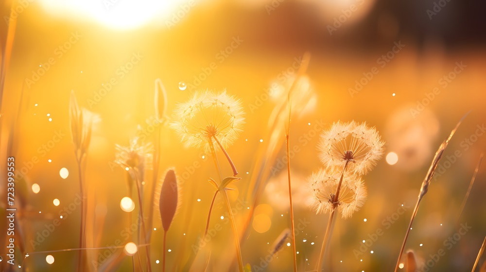 Meadow grass flower with dewdrops in the morning with golden sunrise sky. Selective focus on grass flower on blur bokeh background of yellow and orange sunshine. Grass field with sunrise sky. 
