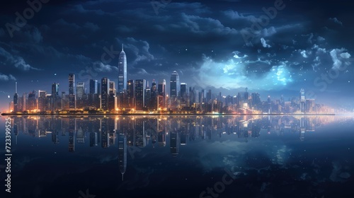the mesmerizing city night view from the bay, featuring the brilliant lights emanating from the island commercial complex building, with the sea reflecting the skyline, creating a stunning vista.