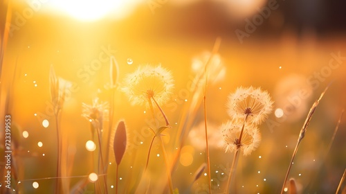 Meadow grass flower with dewdrops in the morning with golden sunrise sky. Selective focus on grass flower on blur bokeh background of yellow and orange sunshine. Grass field with sunrise sky.   © Ziyan