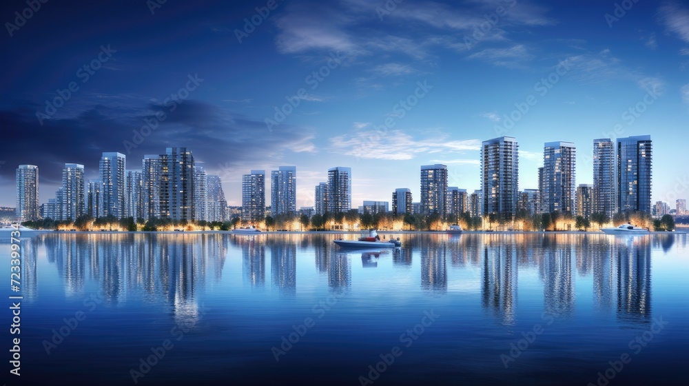 Fototapeta premium the mesmerizing city night view from the bay, featuring the brilliant lights emanating from the island commercial complex building, with the sea reflecting the skyline, creating a stunning vista.