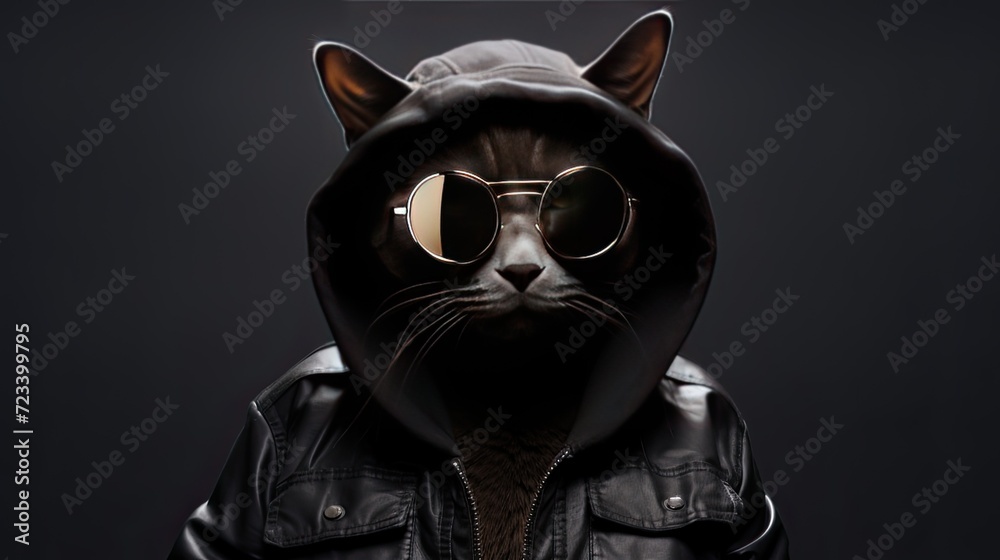 Obraz premium a cat donning sunglasses and a black hoodie while strolling outdoors, showcasing stylish costume design, a blend of light gray and light brown tones.