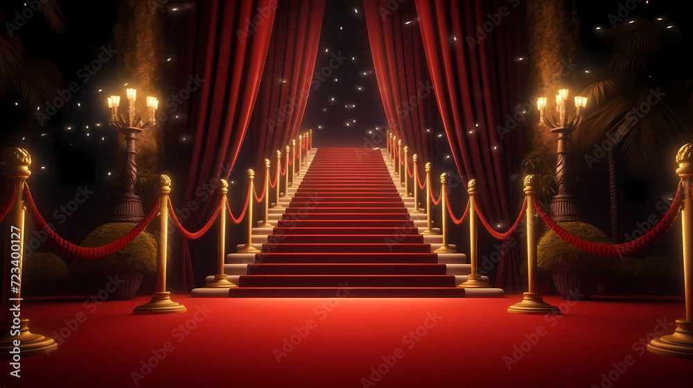 Red carpet staircase with smoke and spotlights, holiday awards ceremony event Red carpet staircase with smoke and spotlights, holiday awards ceremony event