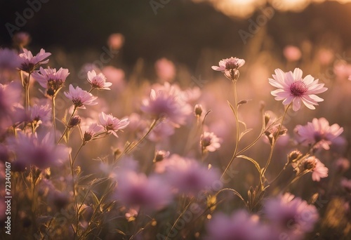 Soft Pink Wildflowers Basking in Golden Sunny Light © FrameFinesse