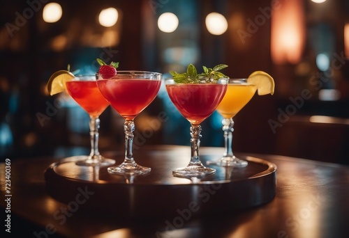 Four decorated colorful cocktail drinks on a bar table