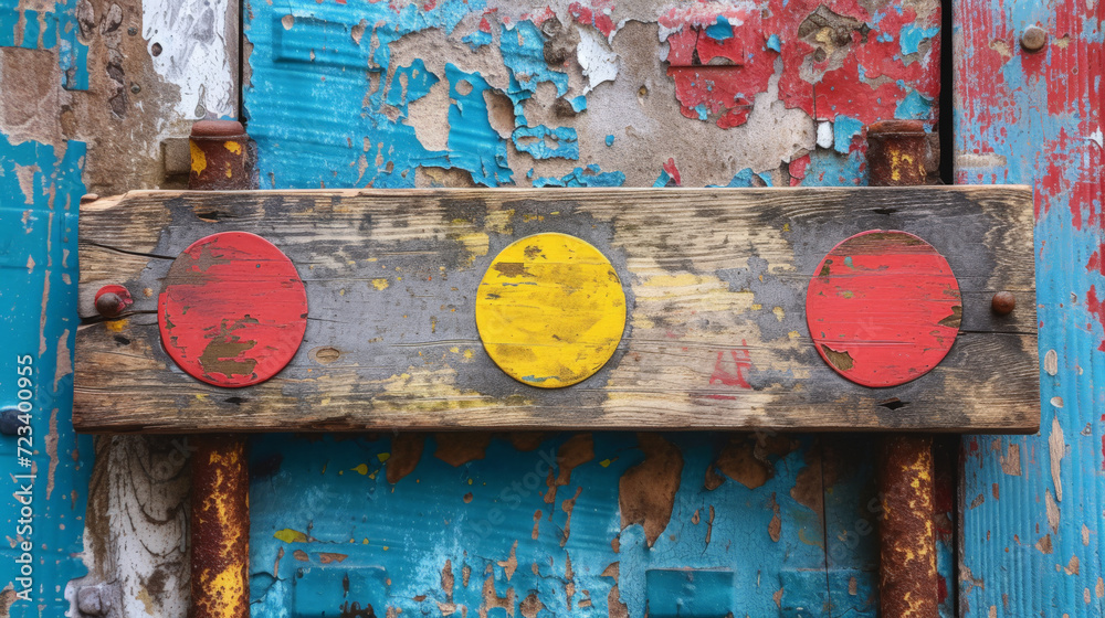Wooden Sign With Traffic Light Symbols On A Weathered Blue Background wooden-sign-with-traffic-light-symbols-on-a-weathered-blue-background