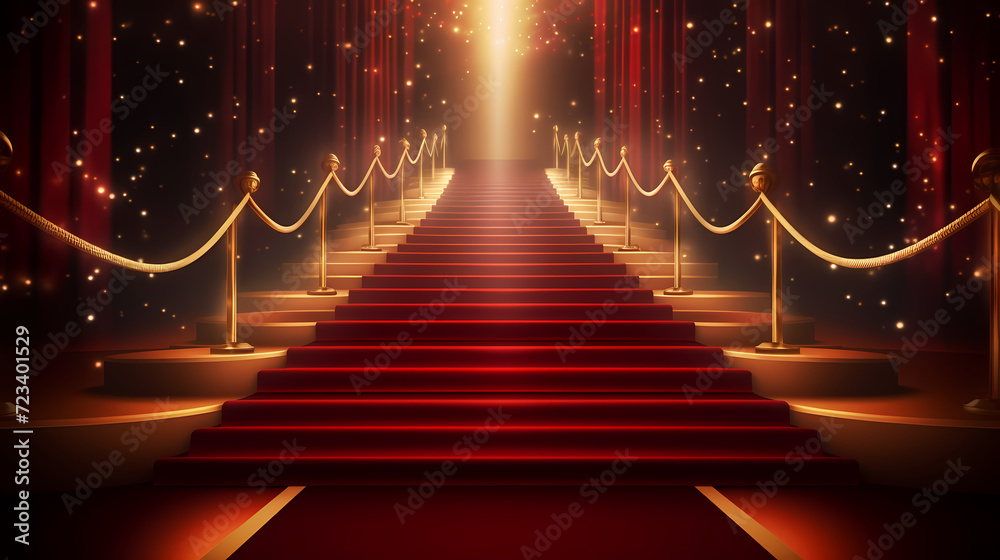 Red carpet staircase with smoke and spotlights, holiday awards ceremony event Red carpet staircase with smoke and spotlights, holiday awards ceremony event