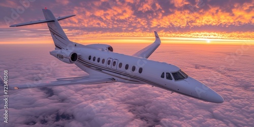 Private jet flying through the clouds at sunset