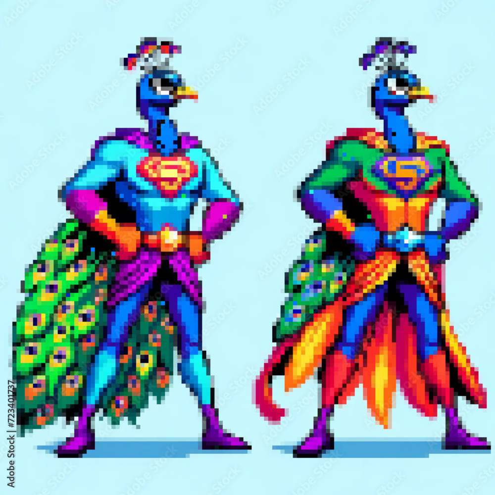 Pixel art illustration of a Super Peacock twins - Super Animal series