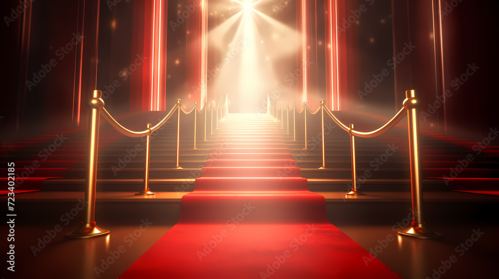 Red carpet staircase with smoke and spotlights, holiday awards ceremony event Red carpet staircase with smoke and spotlights, holiday awards ceremony event