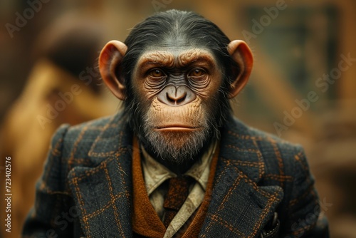 A sophisticated simian dons a dapper ensemble, showcasing the contrast between his smooth skin and the wrinkled face of a human
