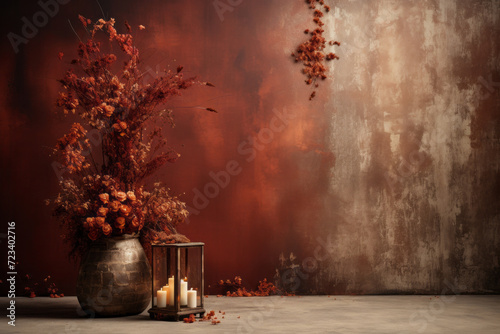 An autumnal still life with dried flowers in a bronze vase and candles in a lantern against a textured red wall, rustic concept #723402716